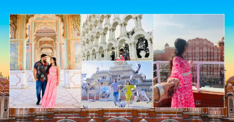 A featured image collage of a traveler's trip to Jaipur, the Pink City. The image showcases the iconic Hawa Mahal, known as the 'Palace of Winds' with its five-story honeycomb exterior ; the stunning and intricately carved Patrika Gate ; Albert Hall Museum and the grand Toran Dwar, often referred to as the 'Gateway of Rajasthan'. in DikshaVerse