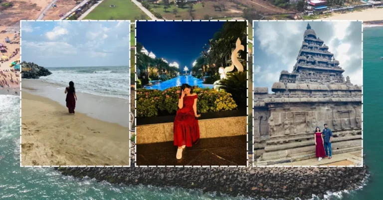 Collage of the Mahabalipuram Shore Temple & Kaldan samudhra palace .Shore temple is a UNESCO World Heritage site, and the sandy beach on the Coromandel Coast in Mamallapuram.