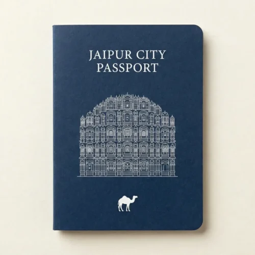 Dikshaverse Jaipur City Passport front cover featuring Hawa Mahal line art - Interactive travel guide and souvenir booklet for Rajasthan tourists.