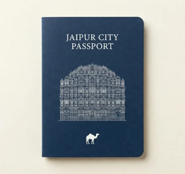 customized gift for male, Dikshaverse Jaipur City Passport front cover featuring Hawa Mahal line art - Interactive travel guide and souvenir booklet for Rajasthan tourists.
